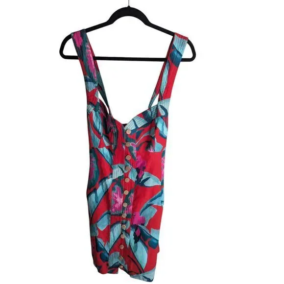 Farm Rio dress size XL Summer Foliage linen mini‎ red floral resort - Picture 4 of 8